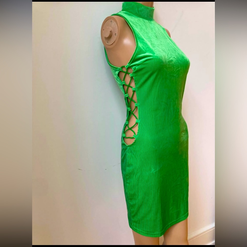 Bright green mock neck cutout dress